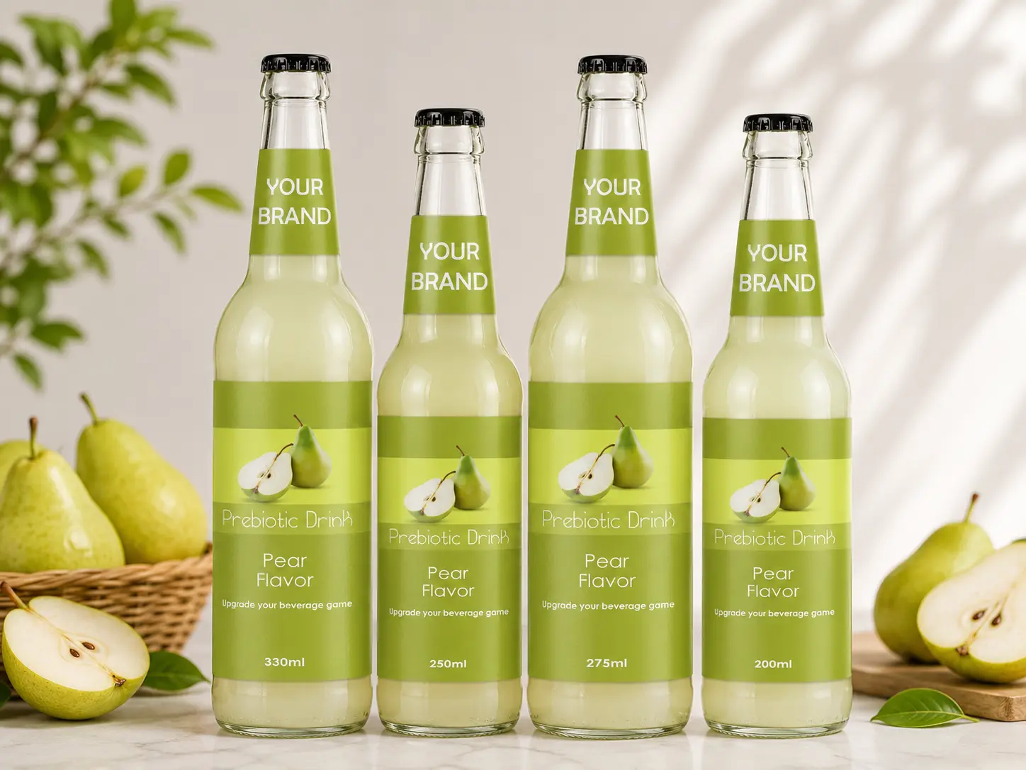 PREBIOTIC DRINK Pear Flavor 330ml, 250ml, 275ml and 200ml glass bottles.